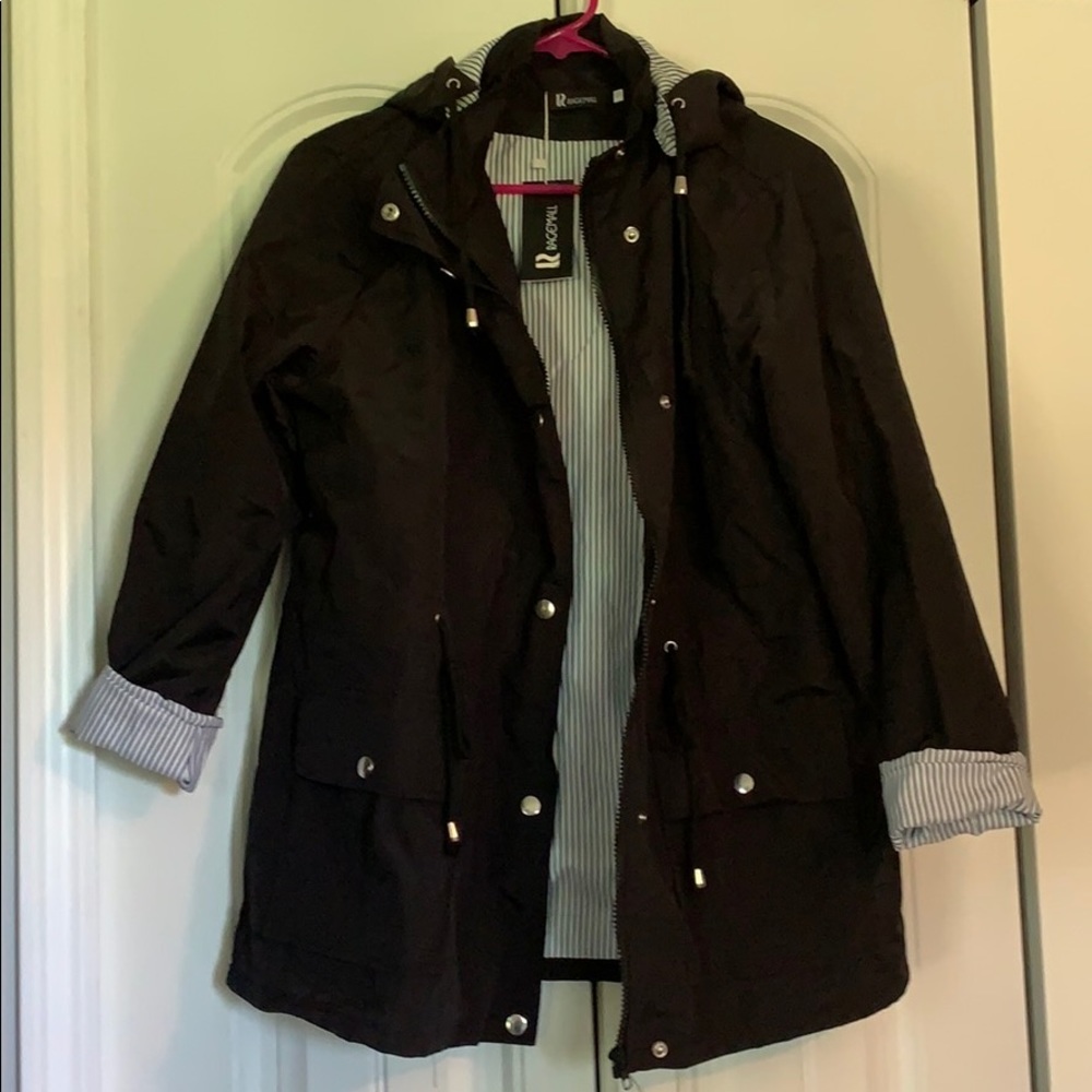 Black hooded rain coat